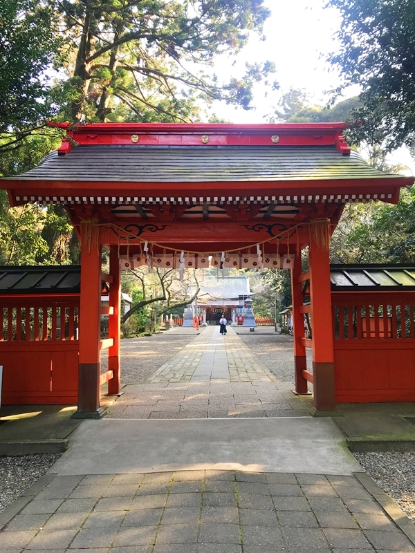 息栖神社の朱色の神門と周囲の緑の調和