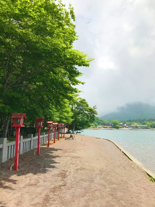 大沼湖畔に沿って伸びる赤城神社の参道。開放感あふれる祈りの道