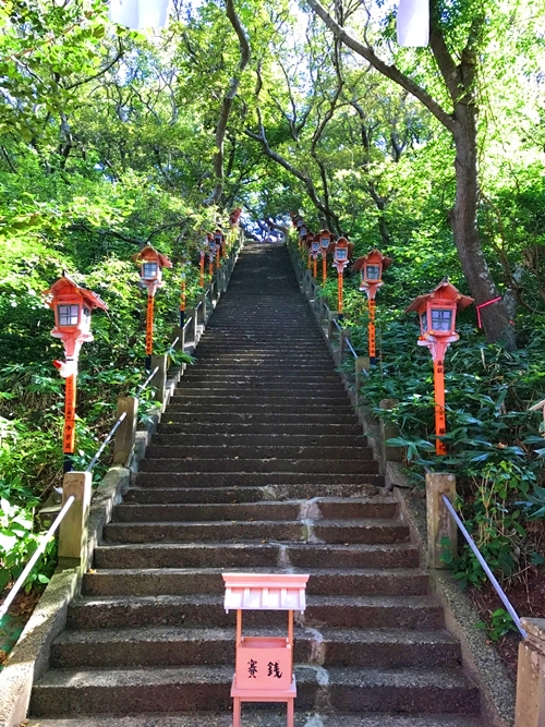 高山稲荷神社の急な階段と自然に囲まれた参道
