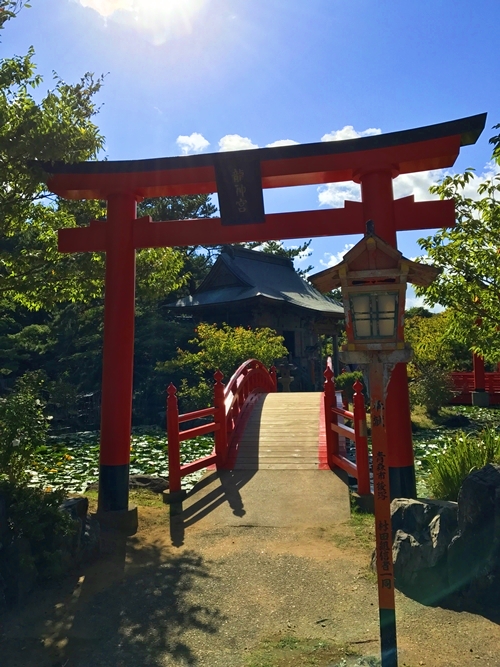 高山稲荷神社の龍神宮と朱色の橋の神秘的な風景