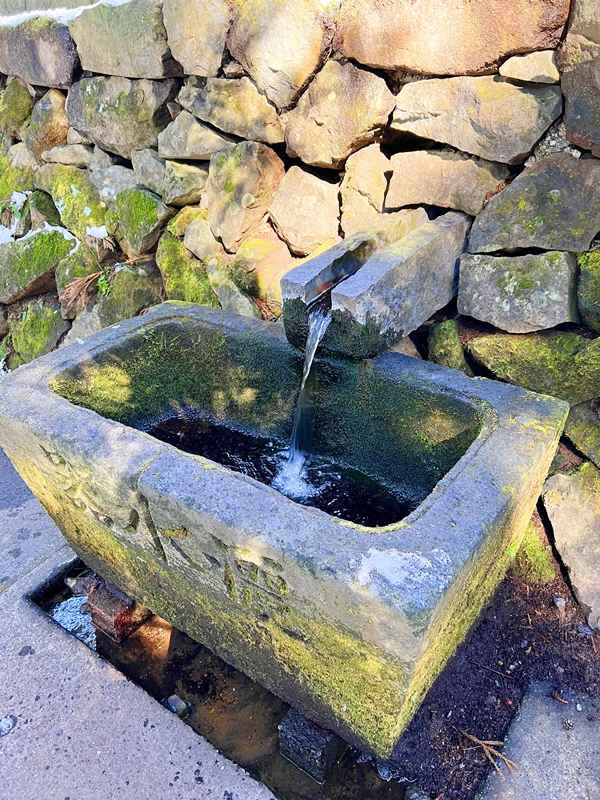 赤城神社の水くみ場。湧き出るご神水を求める参拝者が訪れる