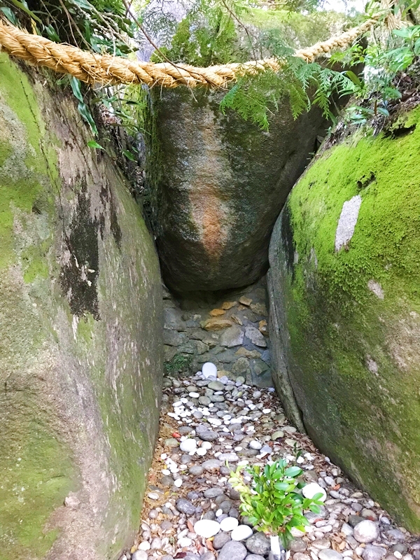 ゴトビキ岩の根元に祀られた注連縄と榊