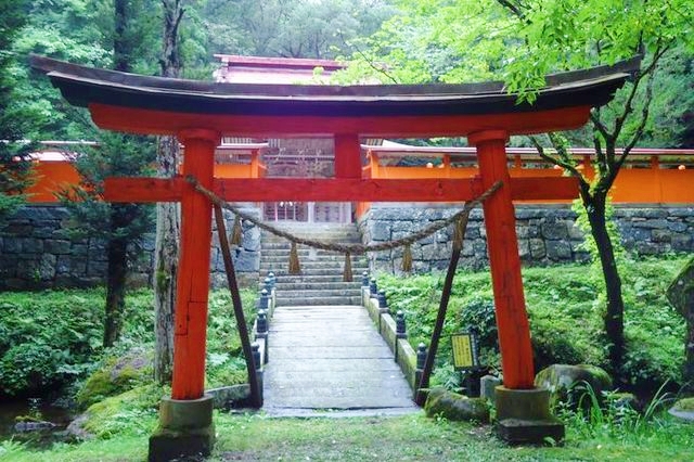 丹内山神社の入り口に立つ鳥居と周囲を包む山内の木々