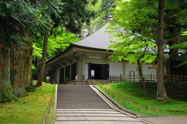中尊寺の金色堂を保護する新覆堂と周辺の歴史ある景観