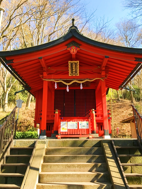 深い緑の自然林に囲まれた、朱色が鮮やかな九頭龍神社本宮の社殿