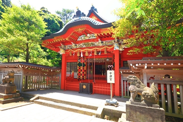 江島神社の中心部に位置しご祈祷を行う鮮やかな朱色の中津宮