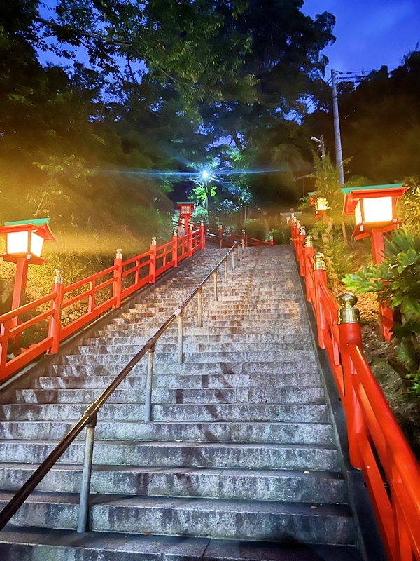 本物の縁結びを願う参拝者が一段ずつ登る足利織姫神社の男坂（石段）