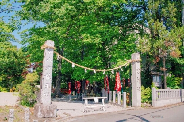 秩父今宮神社の入口に立つ鳥居と本物の縁結びを求める参拝者への案内板